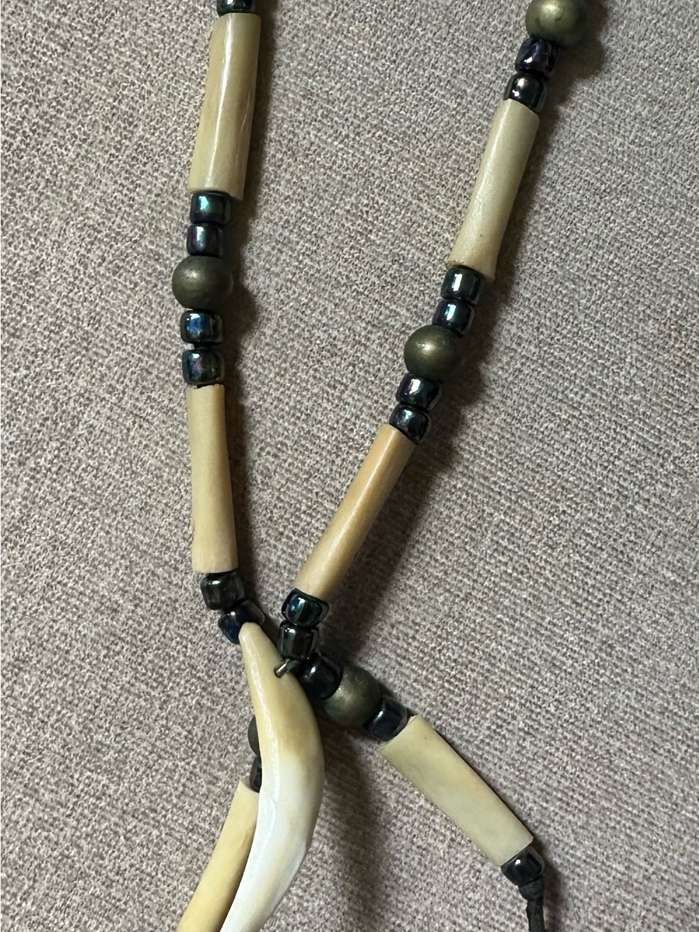 Native American-Made Natural Wolf Tooth and Bone w/Bead and Leather Necklace